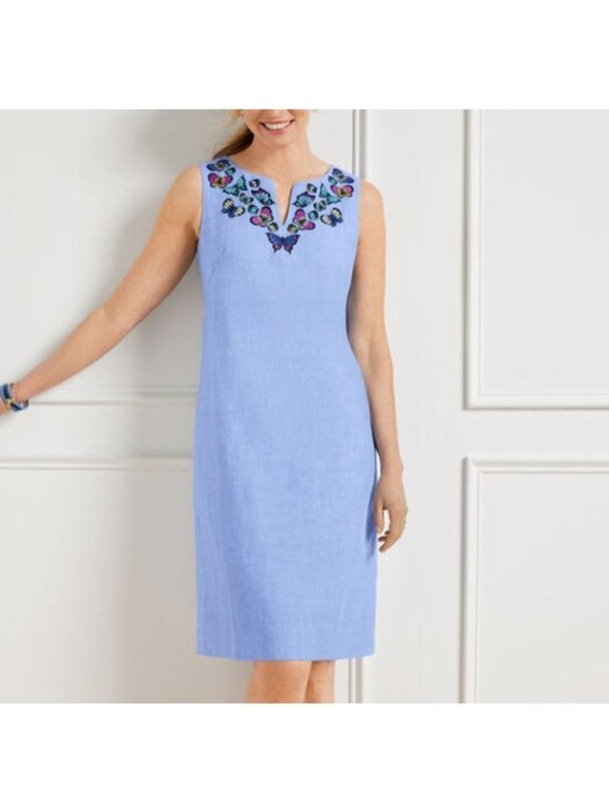 Talbots Dresses & Skirts - Talbots Embroidered Embroidered Butterfly Linen Shift Dress Blue Knee Length 12
